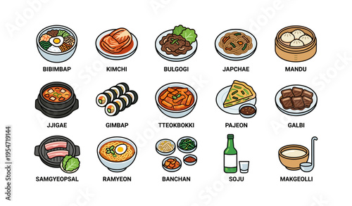 Assorted korean dishes: bibimbap, kimchi, bulgogi, japchae, mandu icons