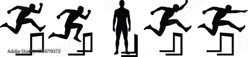 Athletic man athlete silhouette jumping over hurdles in hurdle race track and field sports competition action sequence isolated on white background for graphic design