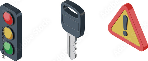 Traffic light key warning icon set, security safety symbols, access control concept, road signal design, alert notification, modern 3D vector illustration collection