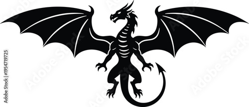 Powerful black dragon silhouette with spread wings and spiked tail isolated on white background for mystical fantasy designs mythical creature vector illustration art