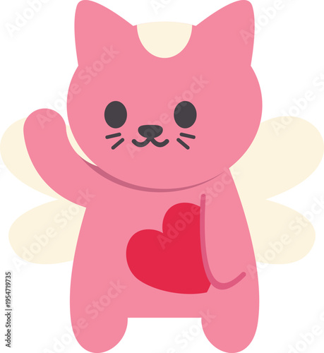 Pink cat cupid character with wings waving, showing a red heart on its chest