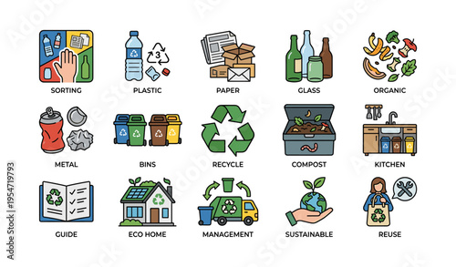 Recycling icons: sorting glass plastic paper compost eco home management