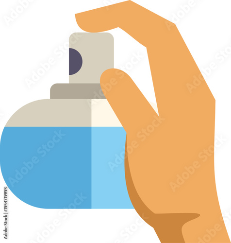 Hand holding a spray bottle containing blue liquid, representing fragrance or hygiene