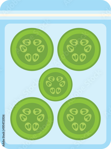 Cucumber slices are sealed inside a plastic zipper bag for food storage