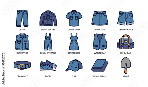 Collection of denim apparel and accessories including jacket, skirt, overalls, bag, and shoes