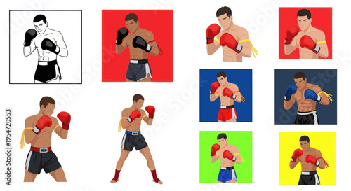 Thai Boxing Fighter Silhouette and Illustrations