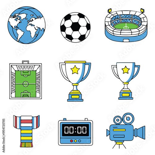 Soccer icons including globe, ball, stadium, trophy, and more isolated on transparent background