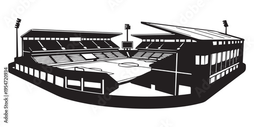 black and white illustration of a sports stadium isolated on transparent background
