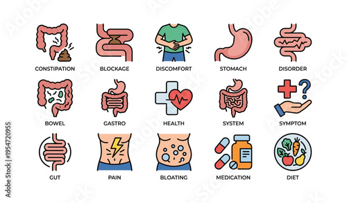 Digestive health icons: symptoms, treatment, and wellness elements