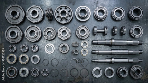 Metal gears, bearings, and shafts laying on a textured steel surface