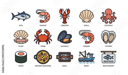 Seafood icons: fish, shrimp, lobster, shell, sushi, boat, grill