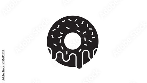 Donut icon with dripping glaze and sprinkles in a simple black and white vector illustration style featuring food, sweet, dessert with pastry and