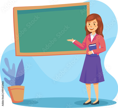 Female Teacher Explaining on Blackboard Illustration, School Classroom Education Concept, Woman Instructor Teaching Lesson, Modern Flat Design
