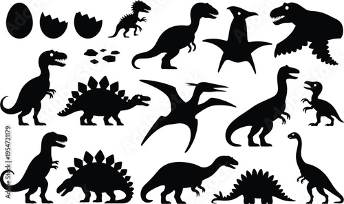 Collection of Dinosaur Silhouettes Featuring Tyrannosaurus Rex Stegosaurus Pterodactyl and Hatching Eggs for Prehistoric Themed Kids Crafts Education Projects and Graphic Design Vector Elements