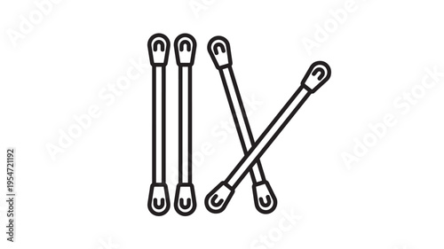 Cotton swabs with rounded ends and thin sticks, presented in a simple line art illustration with three vertical and one crossed over