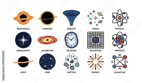 Illustrations of space concepts including black hole, gravity, quantum, and energy symbols