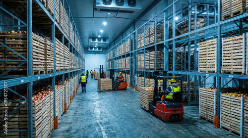 Workers storing apples in large cold storage warehouse