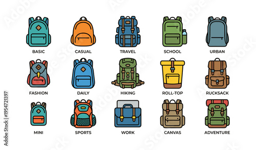 Various backpack styles: casual, travel, school, hiking, and more