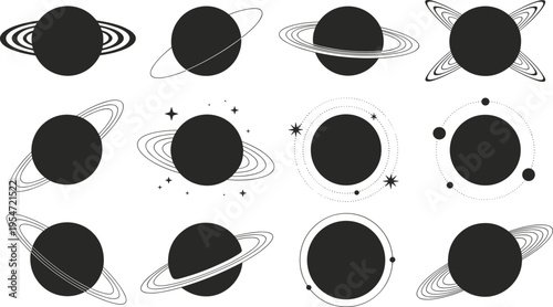 Minimalist black and white celestial planet icon set with rings and stars, vector Saturn silhouettes for cosmic astronomical logo design and galaxy patterns