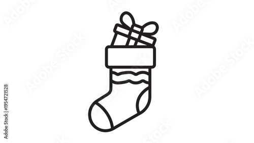 Stocking icon with a gift box and bow for Christmas presents and holiday celebrations. featuring present, ribbon, winter with celebration and santa