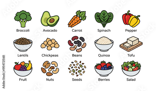 Colorful array of healthy vegetarian foods including vegetables, legumes, and grains