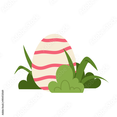 Minimal Easter egg with striped pattern in grass. Clean and modern spring design for holiday cards and packaging.