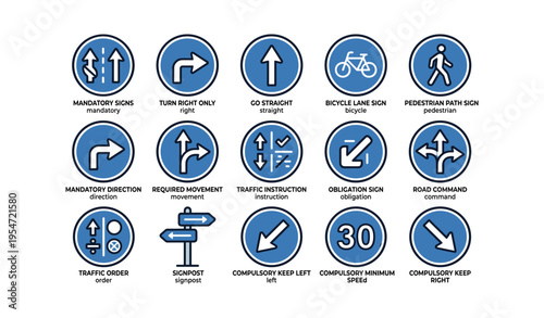Blue traffic signs collection: directions, bicycle lane, pedestrian path, speed limit