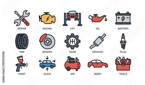 Automotive maintenance tools and parts icons illustrating car repair essentials
