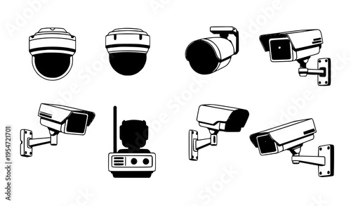 Modern CCTV and Security Camera Vector Icon Set for Surveillance and Monitoring
