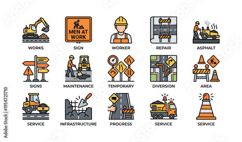 Construction and roadwork icons featuring workers, signs, and equipment