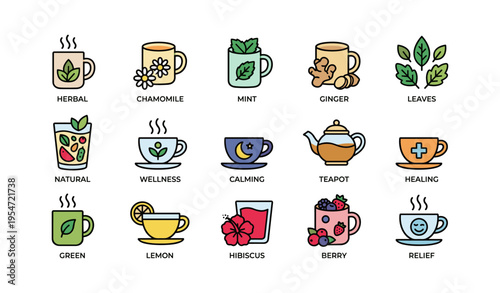Collection of herbal and floral tea icons featuring teapots and cups with natural ingredients