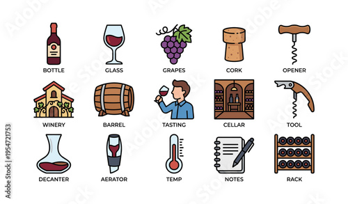Wine enthusiast icons: bottle, glass, grapes, cork, opener, winery, barrel, tasting, cellar