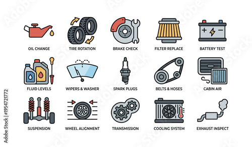 Car maintenance icons: oil change, tire rotation, brake check, filter replace, battery test