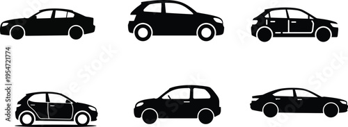Set of various black car side view silhouettes vector illustration collection