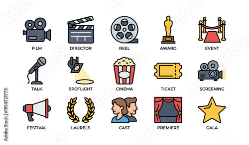 Film and cinema icons including awards, ticket, cast, and spotlight symbols