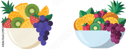 Fresh fruit bowl illustration with pineapple kiwi orange strawberry grapes vector