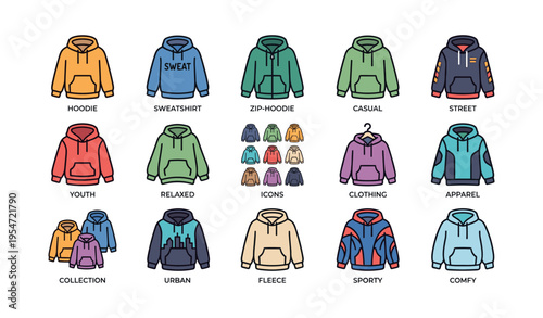 Colorful hoodie and sweatshirt collection featuring various styles and designs
