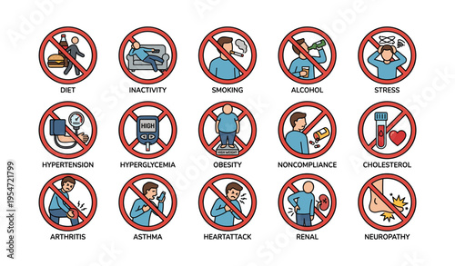 Medical warning signs: lifestyle and health risk factors illustrated