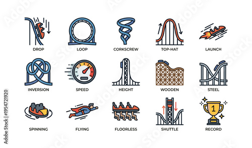 Amusement park roller coaster icons: loop, corkscrew, wooden, steel, speed records