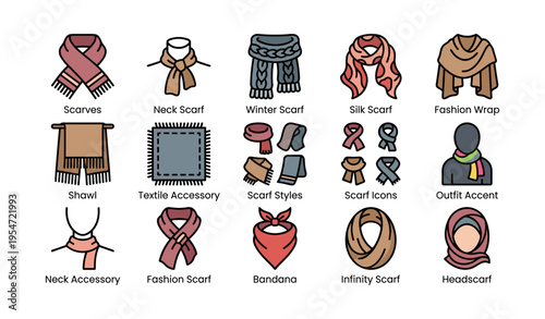 Various types of scarves and wraps illustrated in different styles and designs