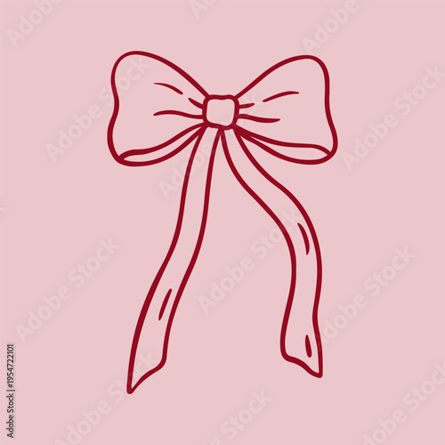 Cute red coquette bow isolated on a pink background. Vintage elegant accessory for girls. Vector hand-drawn doodle illustration. Perfect for wedding and Valentine's Day decorations.