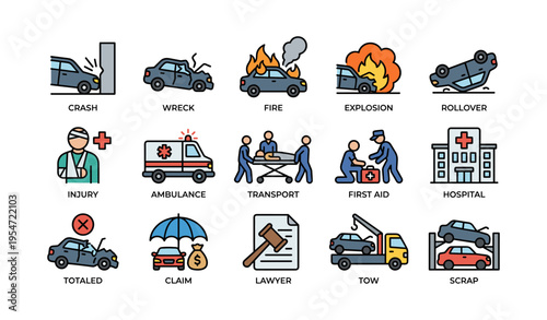 Car accident icons: crash, fire, ambulance, hospital, tow, lawyer, rollover, explosion