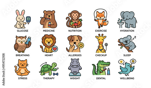 Cute animal icons representing health and wellness concepts for positive lifestyle