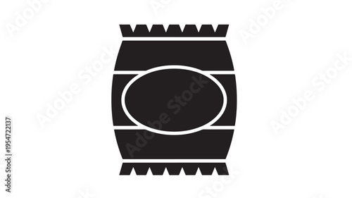 Bag snack icon with a circular label area and jagged edges, representing food packaging. featuring treat, package, candy with wrapper and design