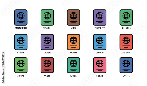 Colorful icons for monitoring, tracking, and managing health data and appointments