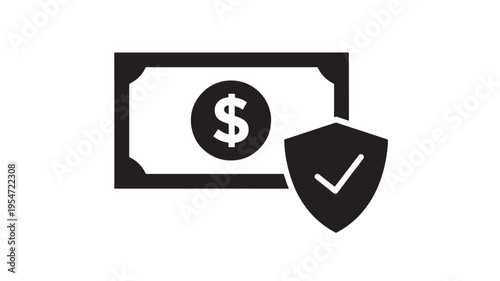 Money protection icon with a dollar bill and a secure shield featuring a checkmark, representing financial safety and investment security.