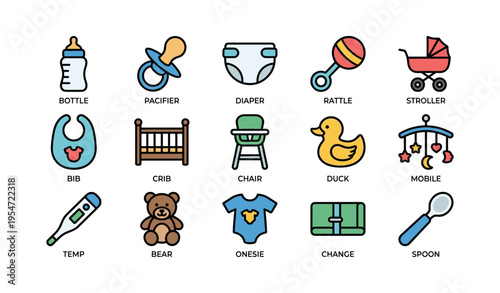 Baby essentials icons set featuring bottle, diaper, rattle, stroller, and more