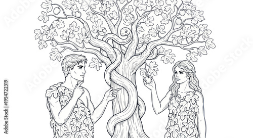 Adam and Eve Tempted by Serpent in Garden of Eden
