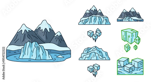Arctic Iceberg Mountains and Cubes Collection, Cold Winter Landscape Elements