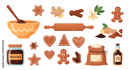 Christmas Baking Elements: Gingerbread Cookies, Ingredients, and Utensils